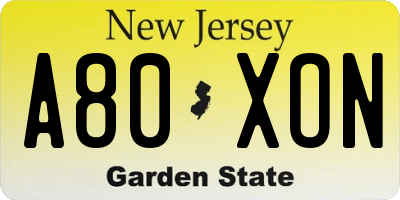NJ license plate A80XON