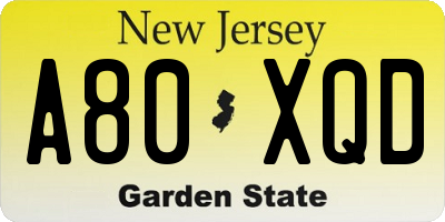 NJ license plate A80XQD