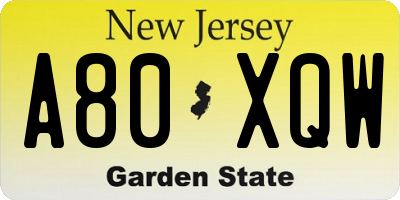 NJ license plate A80XQW