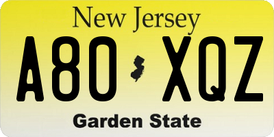 NJ license plate A80XQZ