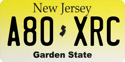 NJ license plate A80XRC