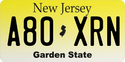 NJ license plate A80XRN