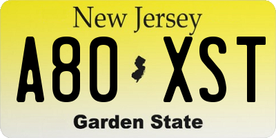 NJ license plate A80XST