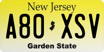 NJ license plate A80XSV