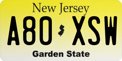 NJ license plate A80XSW