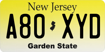 NJ license plate A80XYD