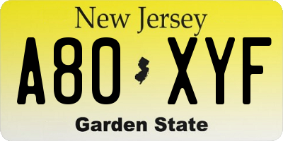 NJ license plate A80XYF