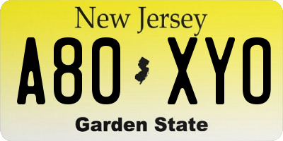 NJ license plate A80XYO
