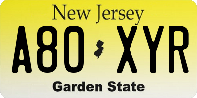 NJ license plate A80XYR