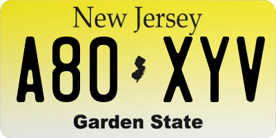 NJ license plate A80XYV