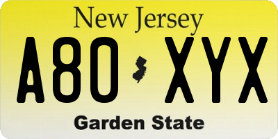 NJ license plate A80XYX