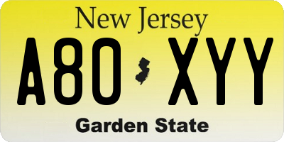 NJ license plate A80XYY