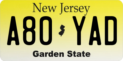 NJ license plate A80YAD