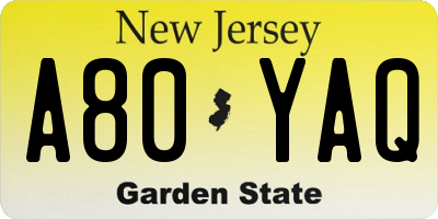 NJ license plate A80YAQ