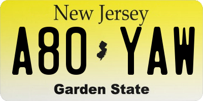 NJ license plate A80YAW