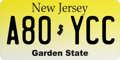 NJ license plate A80YCC