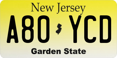 NJ license plate A80YCD