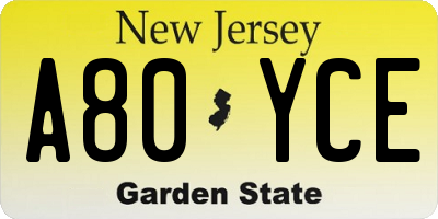 NJ license plate A80YCE