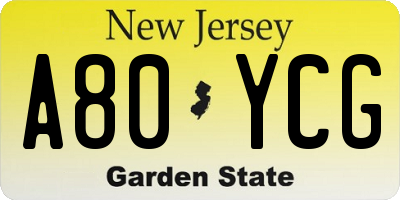 NJ license plate A80YCG