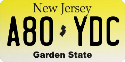 NJ license plate A80YDC