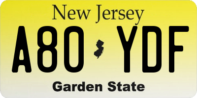 NJ license plate A80YDF