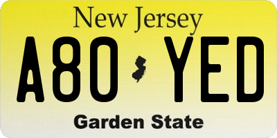 NJ license plate A80YED