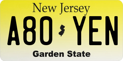 NJ license plate A80YEN