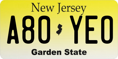 NJ license plate A80YEO