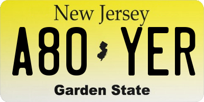 NJ license plate A80YER
