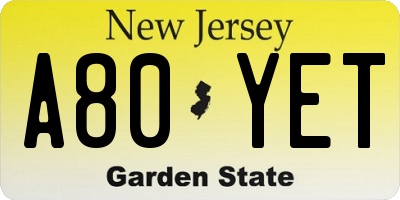 NJ license plate A80YET