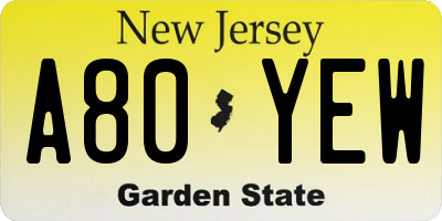 NJ license plate A80YEW