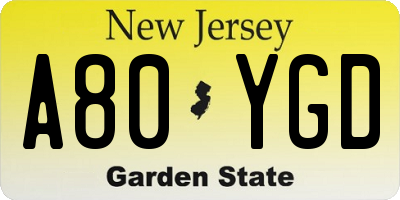 NJ license plate A80YGD