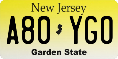 NJ license plate A80YGO