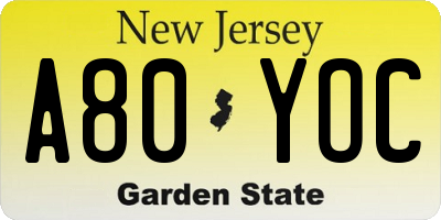 NJ license plate A80YOC