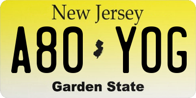 NJ license plate A80YOG