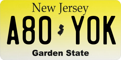 NJ license plate A80YOK