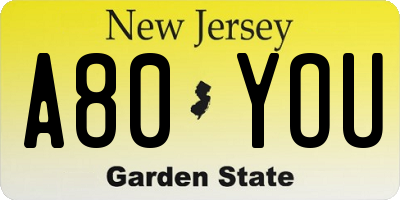 NJ license plate A80YOU