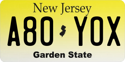 NJ license plate A80YOX