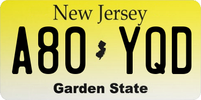 NJ license plate A80YQD