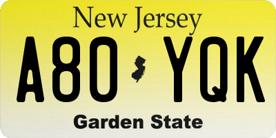 NJ license plate A80YQK