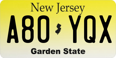 NJ license plate A80YQX