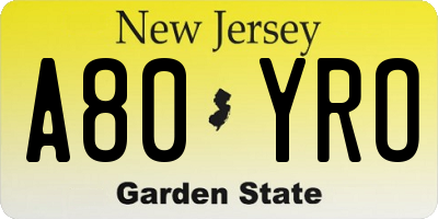 NJ license plate A80YRO