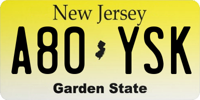 NJ license plate A80YSK