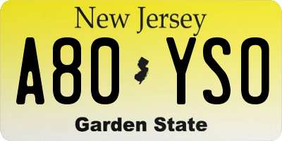 NJ license plate A80YSO