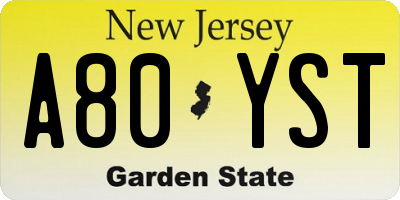 NJ license plate A80YST