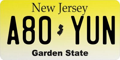 NJ license plate A80YUN