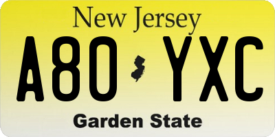 NJ license plate A80YXC