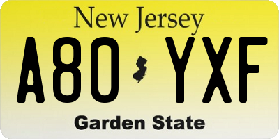 NJ license plate A80YXF