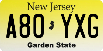 NJ license plate A80YXG