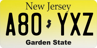 NJ license plate A80YXZ